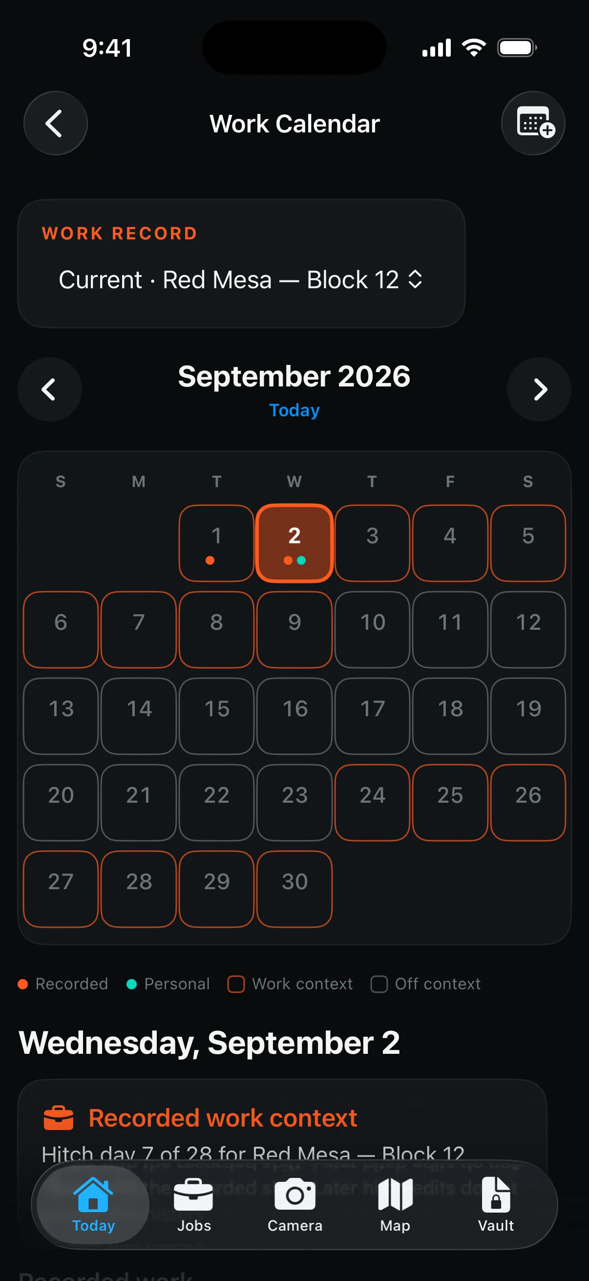 HitchMode Work Calendar showing fictional recorded work and a personal planning marker