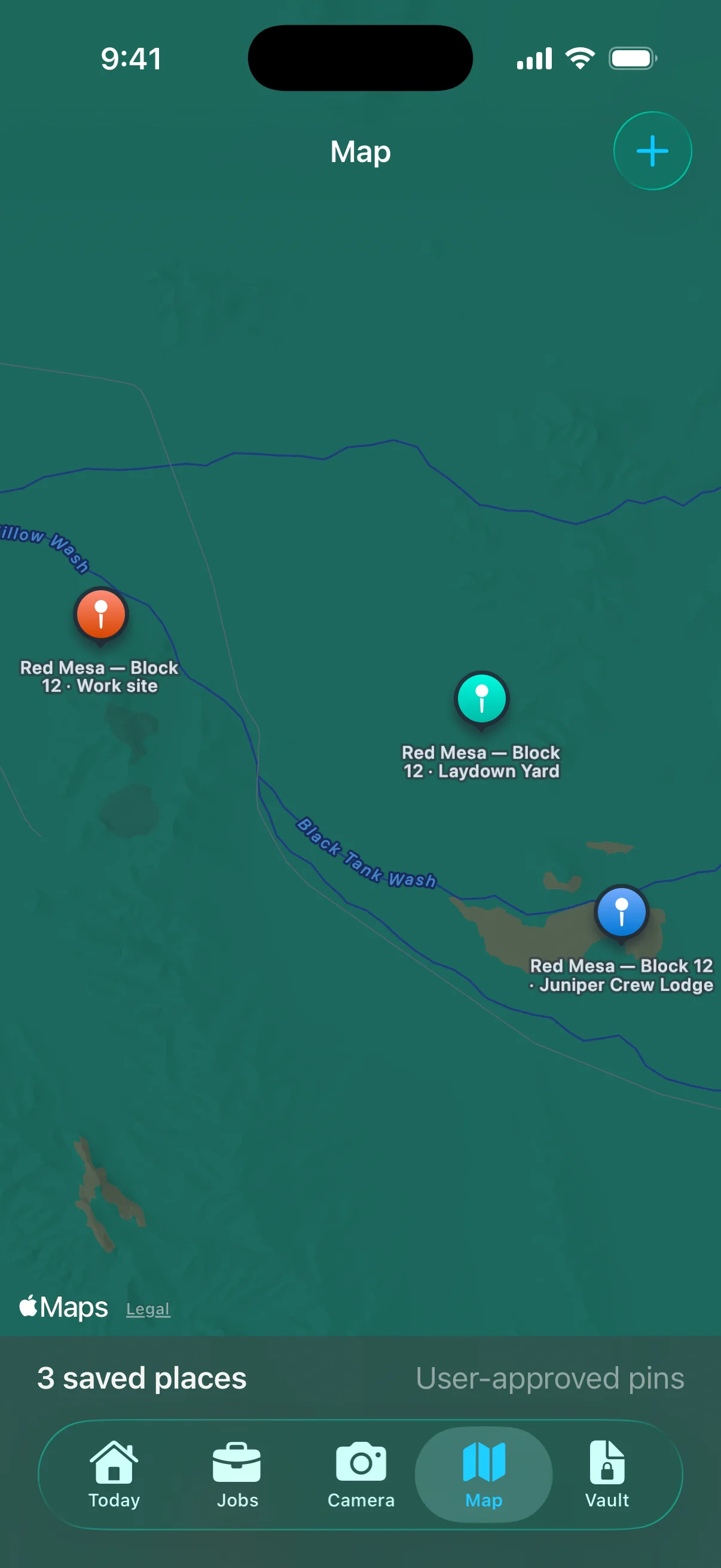 HitchMode Map showing three fictional user-approved Red Mesa places