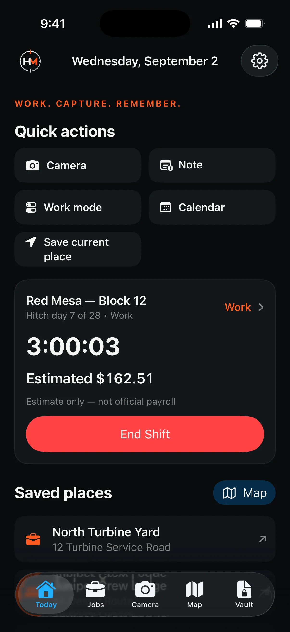 HitchMode Today showing quick capture actions and an active shift for the fictional Red Mesa job