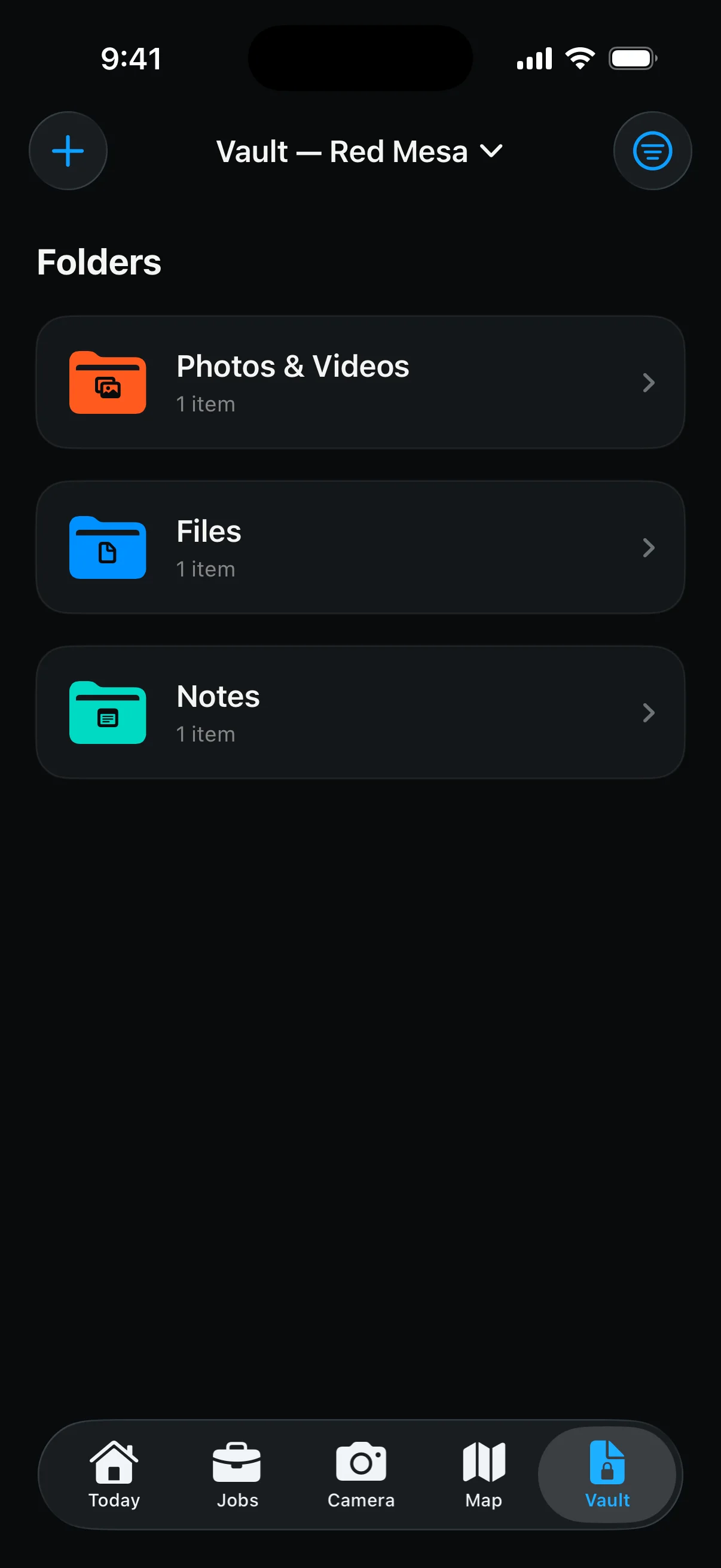 HitchMode Vault showing fictional photos, files, and notes folders